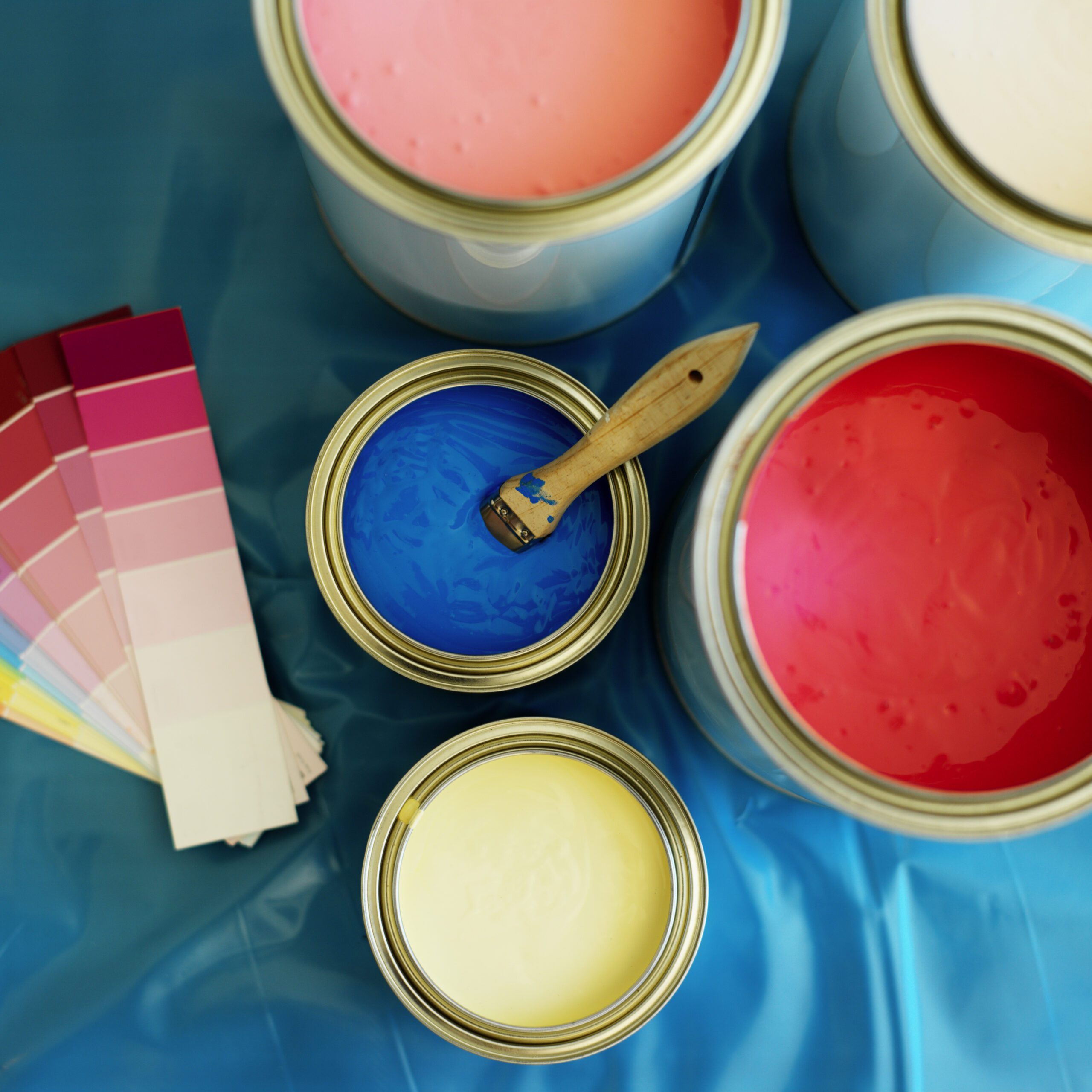 elevated view of pots of red blue pink yellow and white paint