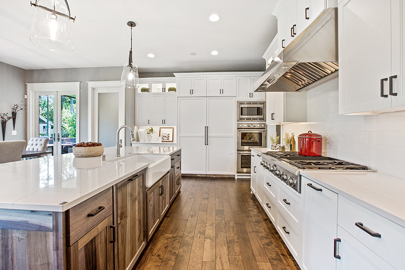 Distressed island cabinets in kitchen
